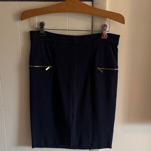 Elegant Navy Pencil Mini Skirt with Gold Zipper Pockets and sexy front slit